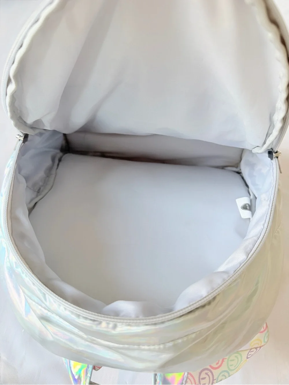 Top Trenz Iridescent Puffer Mini Backpack shiny silver finish colorful straps